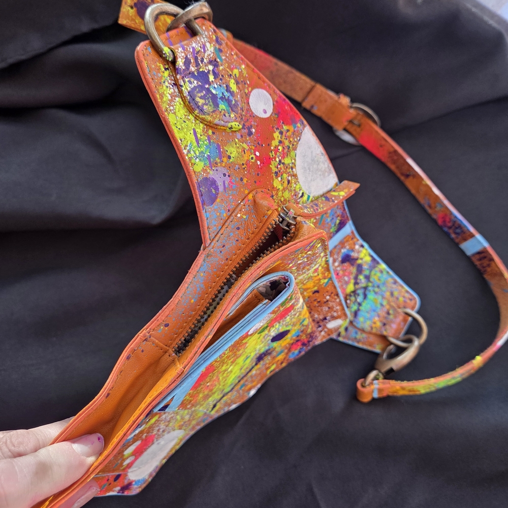 BootLabMD Hand-Painted Neon Splatter Orange Leather Crossbody / Belt Bag - Picture 5 of 6